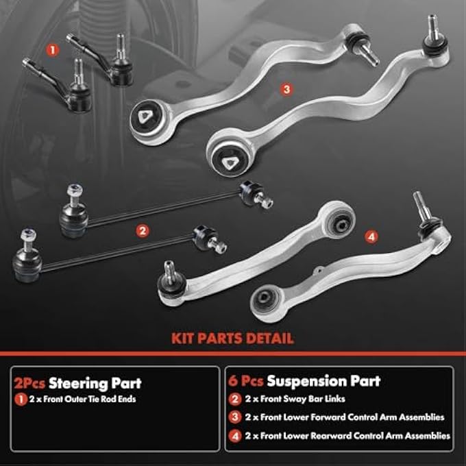 ريحني مجموعة تعليق أمامية 8 قطعة، ذراع تحكم سفلية مع مفصل كروي، رابط قضيب التمايل، نهاية قضيب الربط الخارجي، متوافقة مع بي إم دبليو 525I 0607، 528I 0810، 530I، 0607، 535I، 0810، 545I، 0405، 550I، 0610 - Image 4