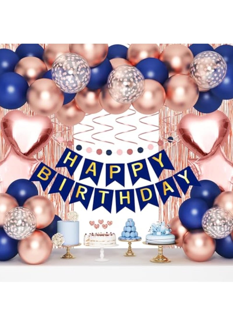 Arabest Navy Blue Rose Gold Happy Birthday Decorations Kit, Rose Gold Balloons Birthday Party Supplies for Women Girls Men, Happy Birthday Banner, Circle Dot Garland, Fringe Curtains, Latex Confetti Balloons - Image 1