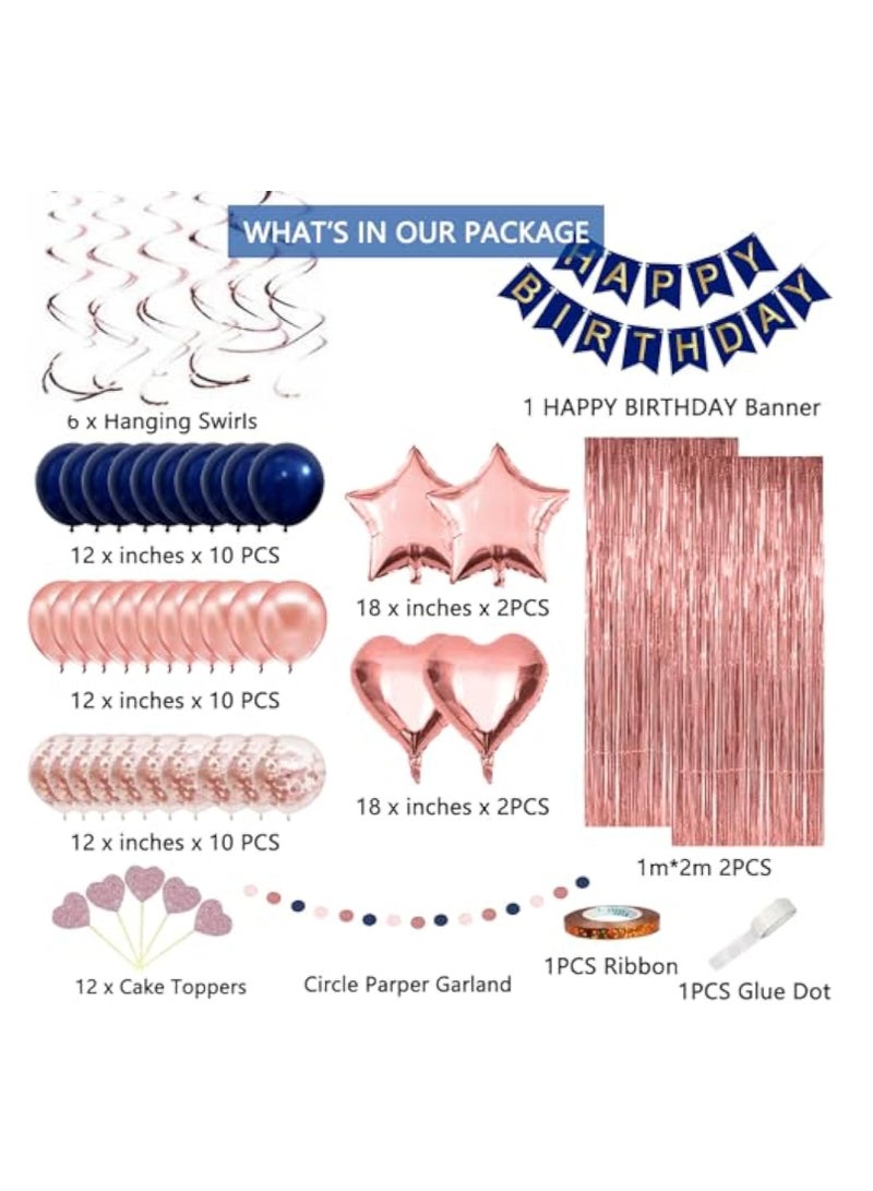 Arabest Navy Blue Rose Gold Happy Birthday Decorations Kit, Rose Gold Balloons Birthday Party Supplies for Women Girls Men, Happy Birthday Banner, Circle Dot Garland, Fringe Curtains, Latex Confetti Balloons - Image 2