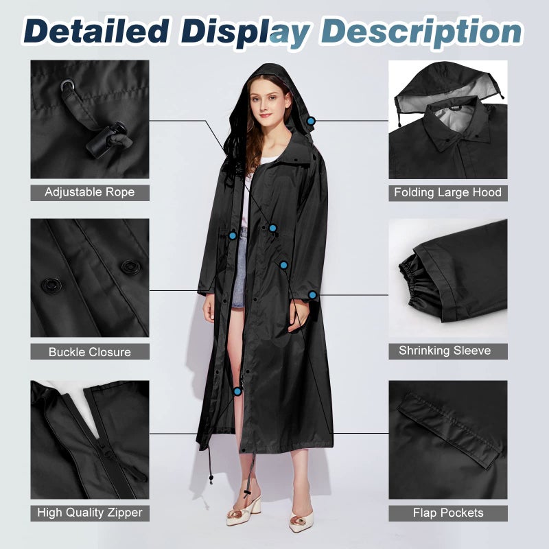LAMA Womens Long Raincoats Rain Jacket Waterproof Packable Outdoor Hooded Windbreaker Lightweight Adjustable Waist for Outdoors(Black, L) - Image 4