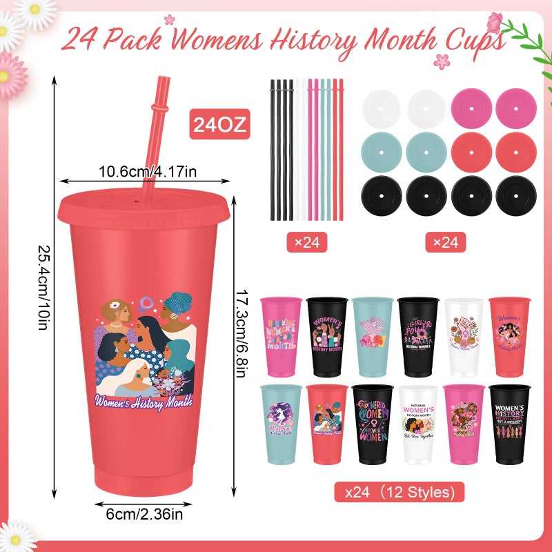 Skylety 24 Pcs Womens History Month Gift Drinking Cups Bulk 24oz with Lids Straws Reusable Plastic Inspirational Tumbler March Feminist International Womens Day Decorations Party Supplies for Adults - Image 2