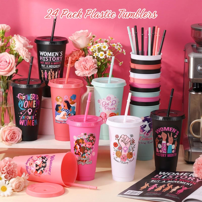 Skylety 24 Pcs Womens History Month Gift Drinking Cups Bulk 24oz with Lids Straws Reusable Plastic Inspirational Tumbler March Feminist International Womens Day Decorations Party Supplies for Adults - Image 4
