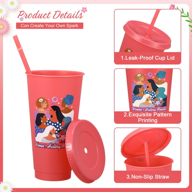 Skylety 24 Pcs Womens History Month Gift Drinking Cups Bulk 24oz with Lids Straws Reusable Plastic Inspirational Tumbler March Feminist International Womens Day Decorations Party Supplies for Adults - Image 3