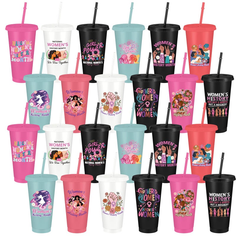 Skylety 24 Pcs Womens History Month Gift Drinking Cups Bulk 24oz with Lids Straws Reusable Plastic Inspirational Tumbler March Feminist International Womens Day Decorations Party Supplies for Adults - Image 1