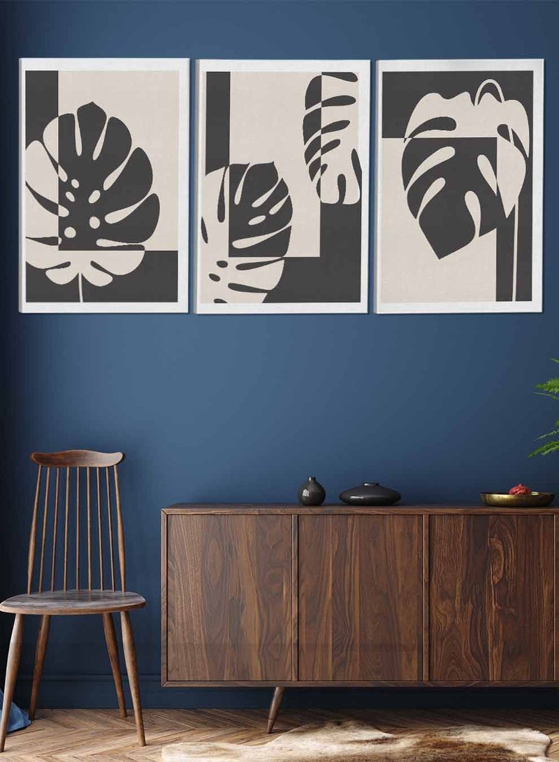 لوحة طقم من ٣ لوحات كانفاس على إطار خشبي تصميم أوراق أشجار استوائية للمنزل غرفة المعيشة المكتب الديكور - Image 2