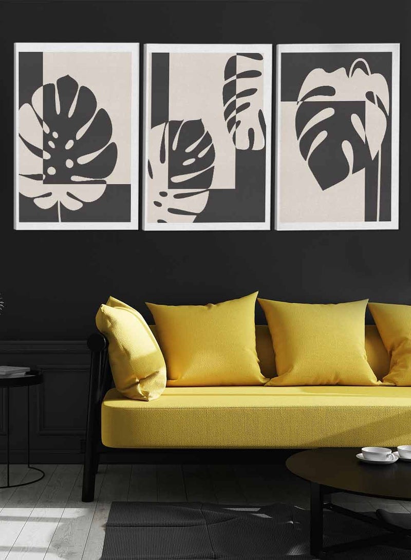 لوحة طقم من ٣ لوحات كانفاس على إطار خشبي تصميم أوراق أشجار استوائية للمنزل غرفة المعيشة المكتب الديكور - Image 3