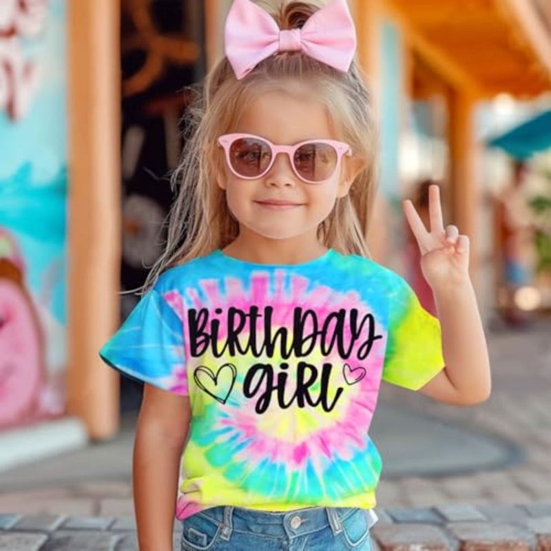 BOUTIKOME عيد ميلاد فتاة قميص طفل الفتيات التعادل صبغ تي شيرت عيد ميلاد الزي تيشيرت صيفي B-Day هدية حفلة علوية 1-10 سنة - Image 2