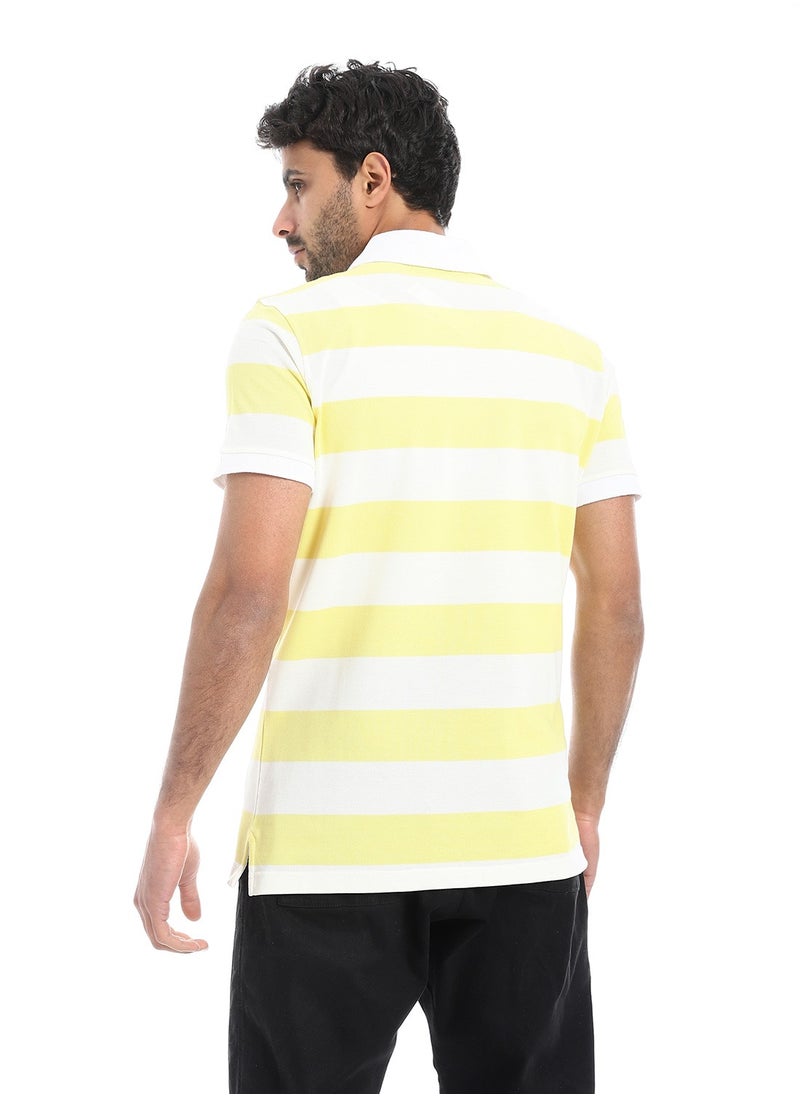 بافون Wide Striped Short Sleeves Polo Shirt - Off White & Yellow  - Image 3