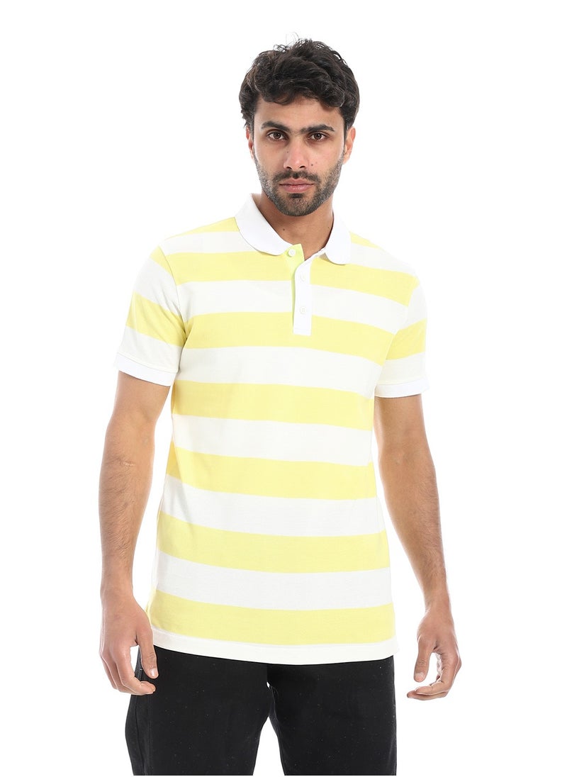 بافون Wide Striped Short Sleeves Polo Shirt - Off White & Yellow  - Image 4