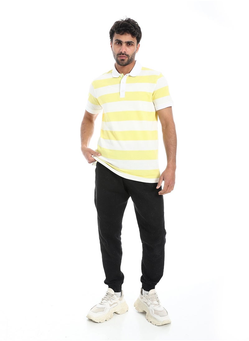 بافون Wide Striped Short Sleeves Polo Shirt - Off White & Yellow  - Image 5
