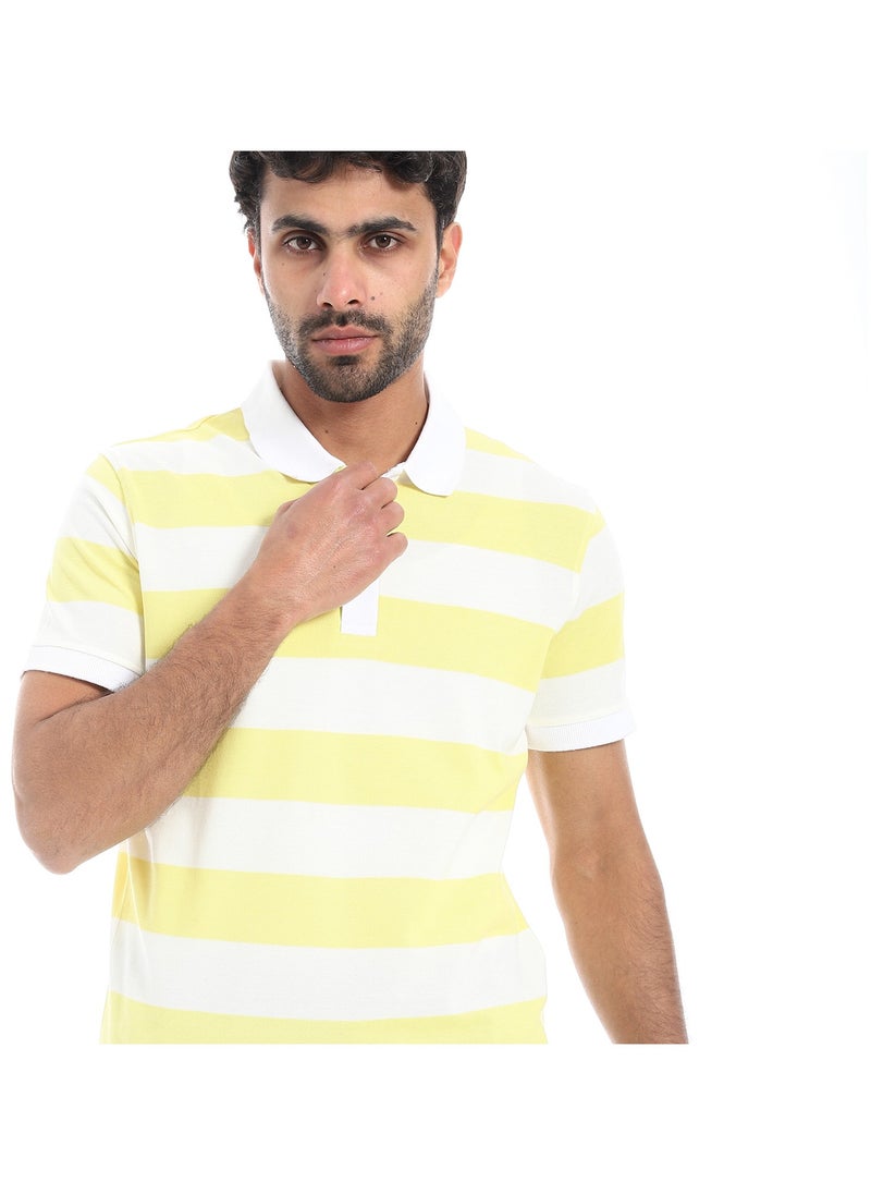 بافون Wide Striped Short Sleeves Polo Shirt - Off White & Yellow  - Image 1