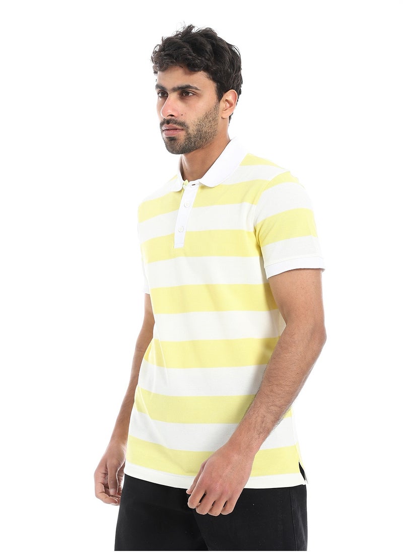 بافون Wide Striped Short Sleeves Polo Shirt - Off White & Yellow  - Image 2