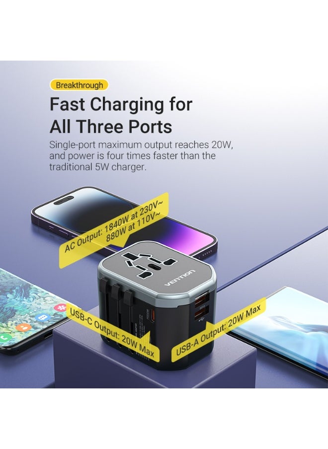 فينشن محول سفر عالمي VENTION بثلاثة منافذ USB (C + A + A) (20 واط/18 واط/18 واط) أسود، رقم الموديل FJCB0  - Image 4