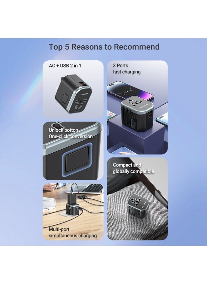 فينشن محول سفر عالمي VENTION بثلاثة منافذ USB (C + A + A) (20 واط/18 واط/18 واط) أسود، رقم الموديل FJCB0  - Image 3