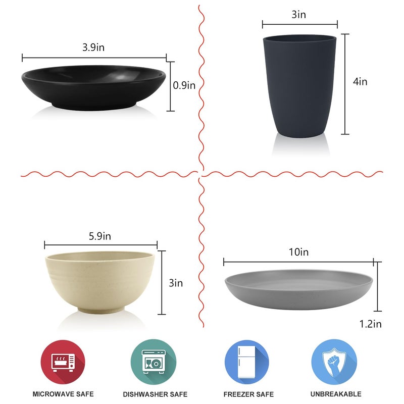 Wrova Wheat straw plates and bowls sets of 16 - Unbreakable wheat straw dinnerware sets for camping - Dishwasher safe and Freezer safe Dishes. Black & Grey - Image 2