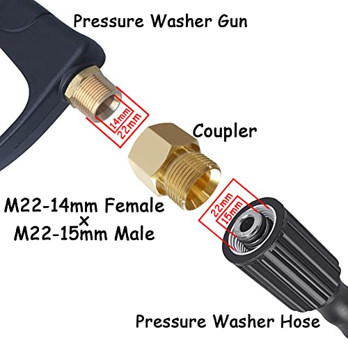 Uenede 2PCS Brass Pressure Washer Coupler, M22-14mm Female x M22-15mm Male Thread, 4500PSI Metric Hex Nipple Coupling Adapter Fitting - Image 2