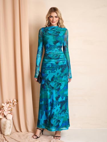 HTZMO Women Long Sleeve Bodycon Floral Maxi Dress Ruched A Line Flowy Wedding Guest Formal Party Long Dresses GreenPrint M - Image 3