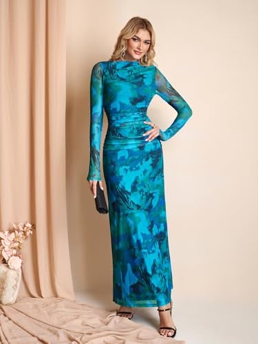 HTZMO Women Long Sleeve Bodycon Floral Maxi Dress Ruched A Line Flowy Wedding Guest Formal Party Long Dresses GreenPrint M - Image 4