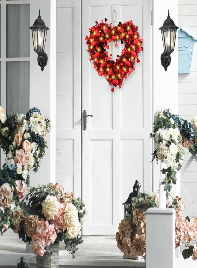 Vecacosic 15 Inch Valentines Heart Wreaths for Front Door Original Design Red Tinsel Heart Shaped Roses Ornament Wreaths Decorations with LED Lights for Front Door Window Wall for Home Wedding （Rose） - Image 4