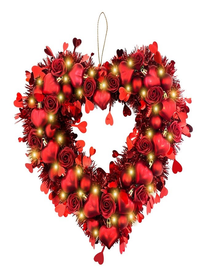 Vecacosic 15 Inch Valentines Heart Wreaths for Front Door Original Design Red Tinsel Heart Shaped Roses Ornament Wreaths Decorations with LED Lights for Front Door Window Wall for Home Wedding （Rose） - Image 1