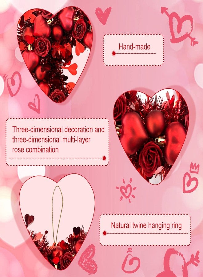 Vecacosic 15 Inch Valentines Heart Wreaths for Front Door Original Design Red Tinsel Heart Shaped Roses Ornament Wreaths Decorations with LED Lights for Front Door Window Wall for Home Wedding （Rose） - Image 3