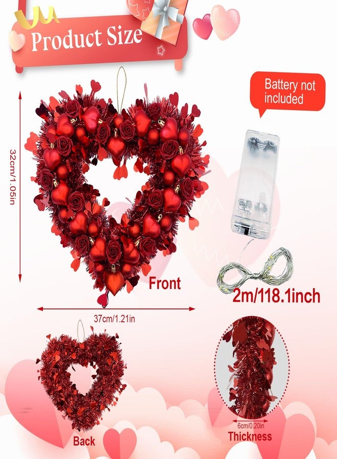 Vecacosic 15 Inch Valentines Heart Wreaths for Front Door Original Design Red Tinsel Heart Shaped Roses Ornament Wreaths Decorations with LED Lights for Front Door Window Wall for Home Wedding （Rose） - Image 2