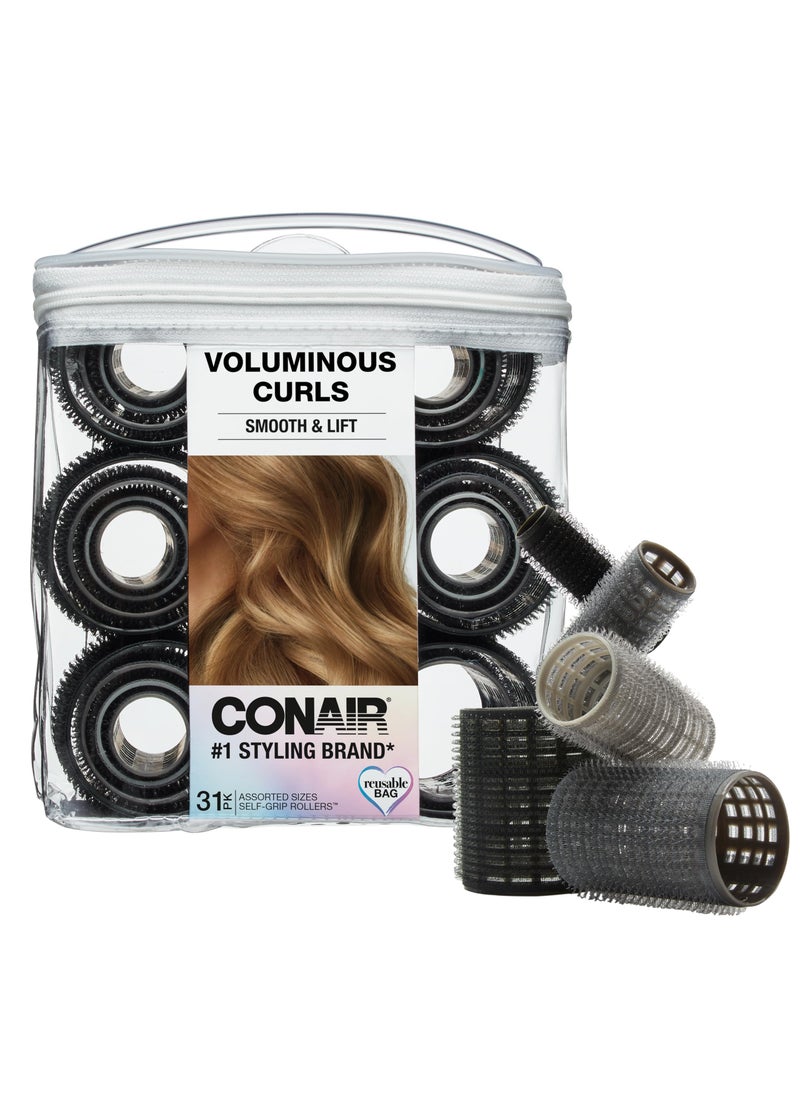 CONAIR Conair Heatless Curlers 31 Count - Heatless Curls Overnight, Assorted Sizes - Self Grip Hair Rollers - Hair Styling Tools - Black & Gray - w/Storage Case 