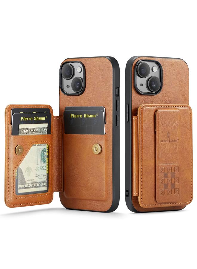 The Bros Case For iPhone 15 Fierre Shann Oil Wax Cow Leather Card Holder Back Phone Case
