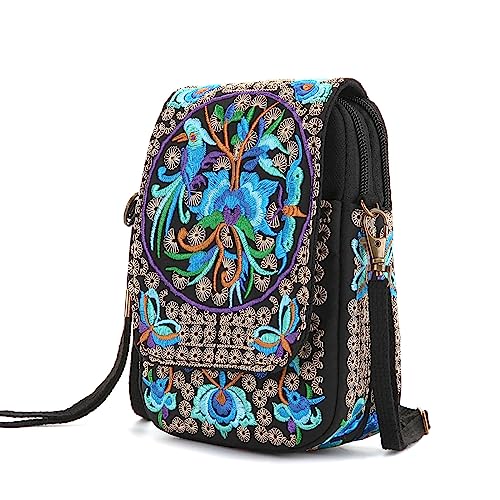 Goodhan Embroidery Flowers Canvas Crossbody Bag, Women Messenger Bag, Cellphone Pouch Purse (Blue) - Image 2