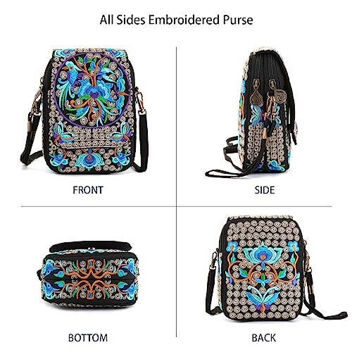 Goodhan Embroidery Flowers Canvas Crossbody Bag, Women Messenger Bag, Cellphone Pouch Purse (Blue) - Image 3