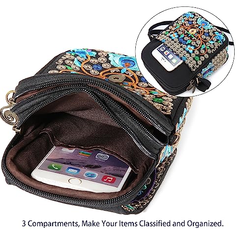 Goodhan Embroidery Flowers Canvas Crossbody Bag, Women Messenger Bag, Cellphone Pouch Purse (Blue) - Image 4
