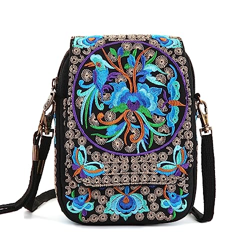 Goodhan Embroidery Flowers Canvas Crossbody Bag, Women Messenger Bag, Cellphone Pouch Purse (Blue) - Image 1