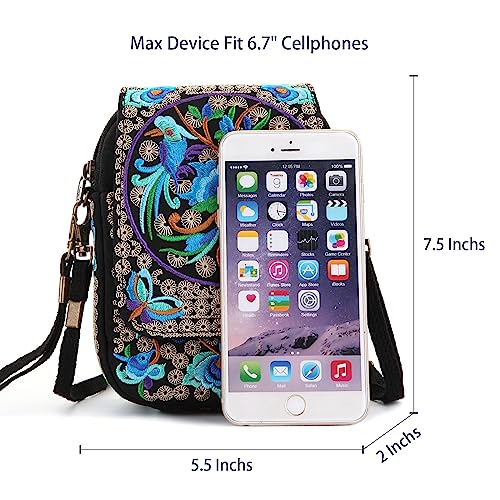 Goodhan Embroidery Flowers Canvas Crossbody Bag, Women Messenger Bag, Cellphone Pouch Purse (Blue) - Image 5