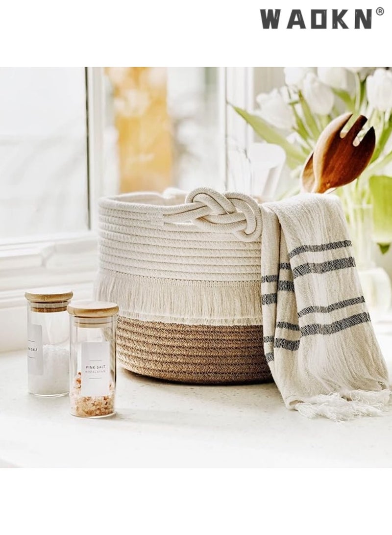 WAOKN Small woven storage basket decorated with cotton and jute rope for diapers, blankets, magazines, and keys, cute tassel daycare decoration - home storage container -9.5 inches x 7 inches - Image 5