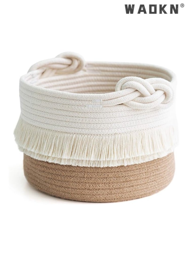 WAOKN Small woven storage basket decorated with cotton and jute rope for diapers, blankets, magazines, and keys, cute tassel daycare decoration - home storage container -9.5 inches x 7 inches - Image 1