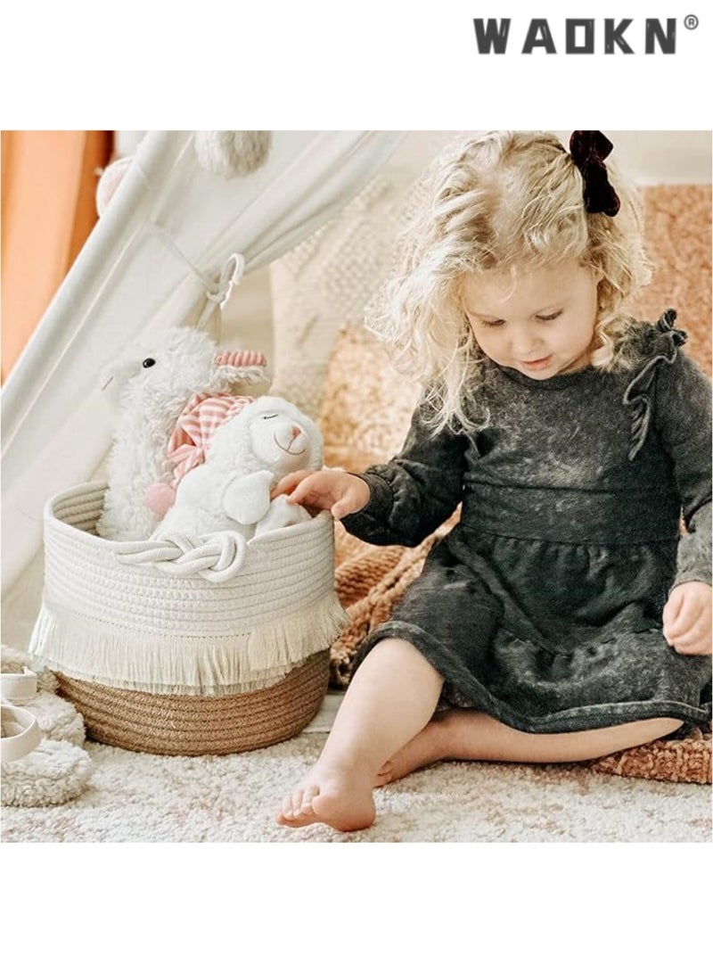 WAOKN Small woven storage basket decorated with cotton and jute rope for diapers, blankets, magazines, and keys, cute tassel daycare decoration - home storage container -9.5 inches x 7 inches - Image 3