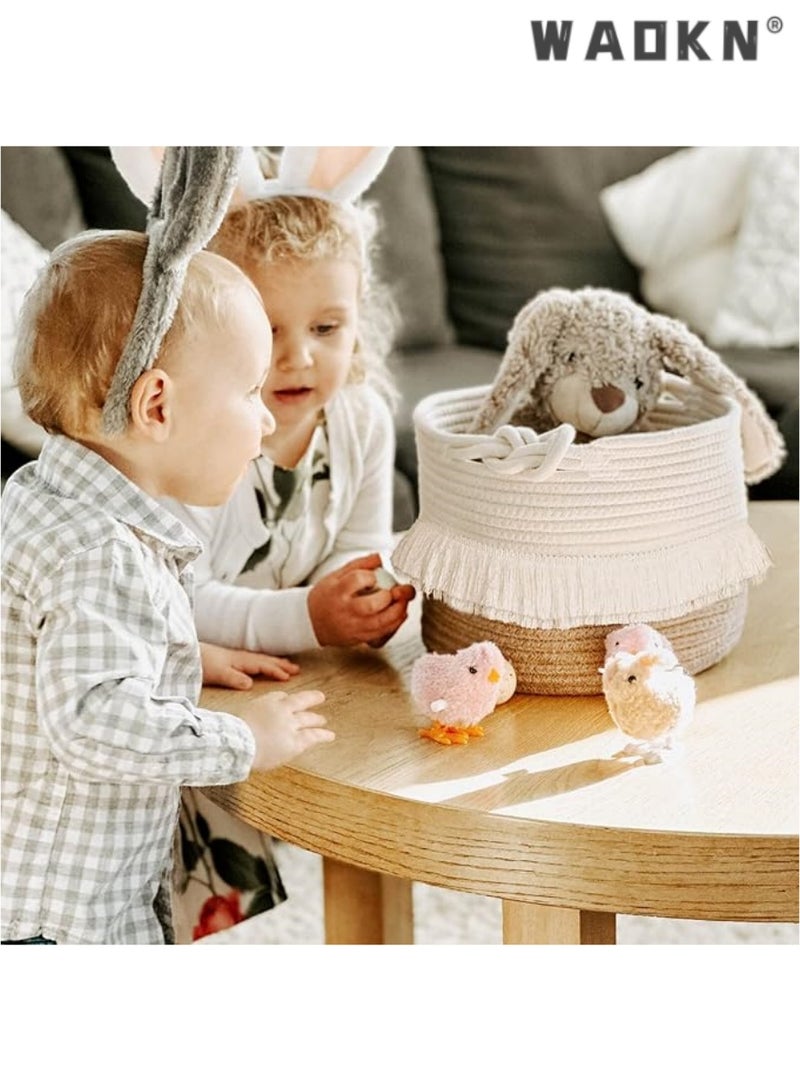 WAOKN Small woven storage basket decorated with cotton and jute rope for diapers, blankets, magazines, and keys, cute tassel daycare decoration - home storage container -9.5 inches x 7 inches - Image 2