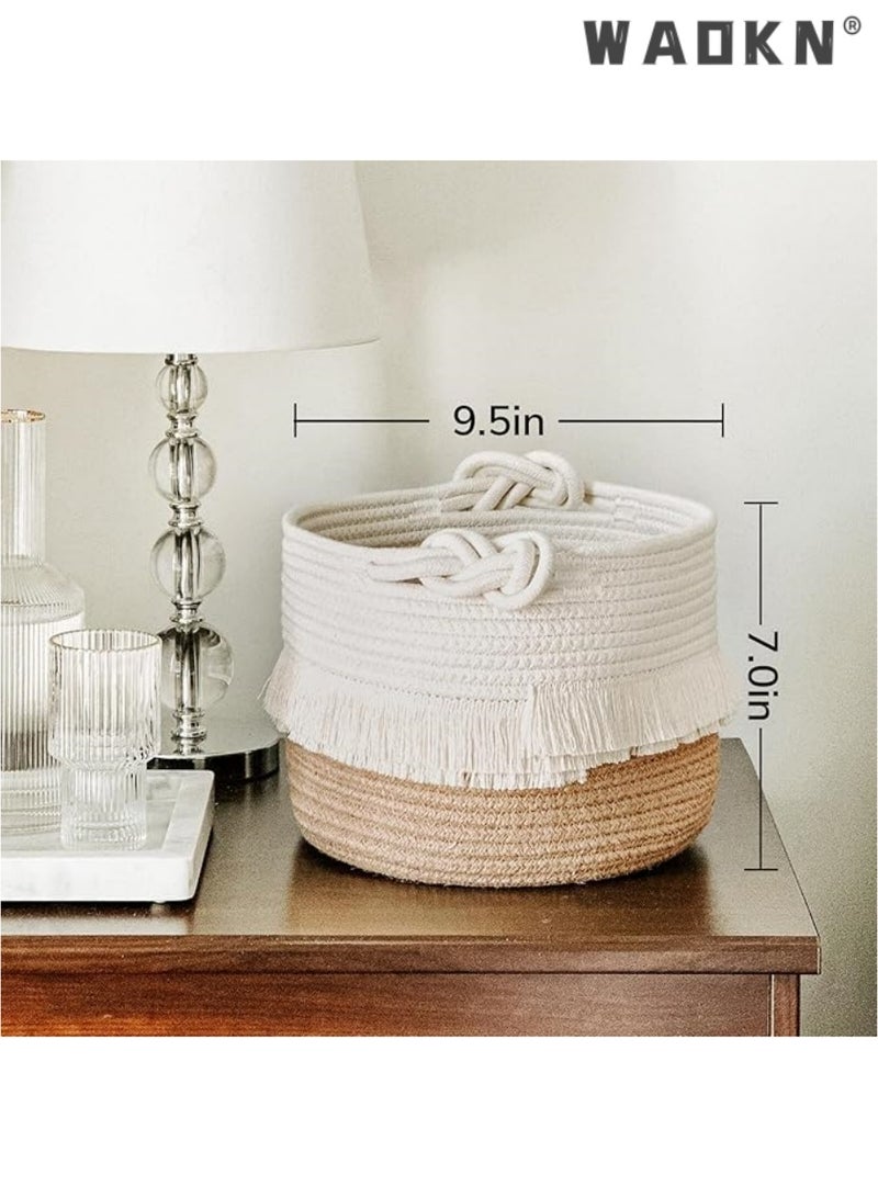 WAOKN Small woven storage basket decorated with cotton and jute rope for diapers, blankets, magazines, and keys, cute tassel daycare decoration - home storage container -9.5 inches x 7 inches - Image 4