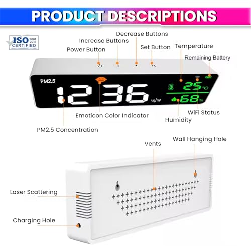 amiciSense 3-in-1 PM2.5 Air Quality Monitor – Wall-Mounted Indoor Sensor with Temperature & Humidity Display, Laser Detection, Visual Air Feedback, Rechargeable Battery – Home, Office, Classroom - Image 4