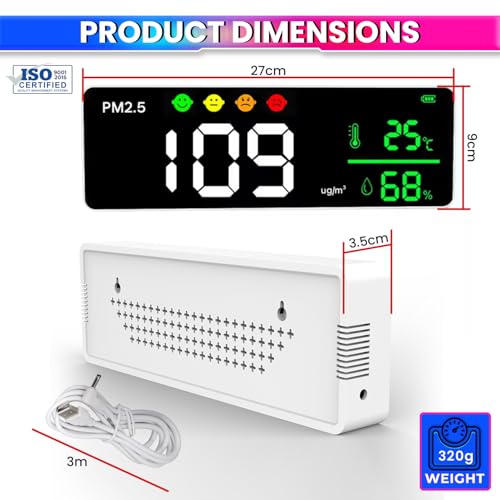 amiciSense 3-in-1 PM2.5 Air Quality Monitor – Wall-Mounted Indoor Sensor with Temperature & Humidity Display, Laser Detection, Visual Air Feedback, Rechargeable Battery – Home, Office, Classroom - Image 5