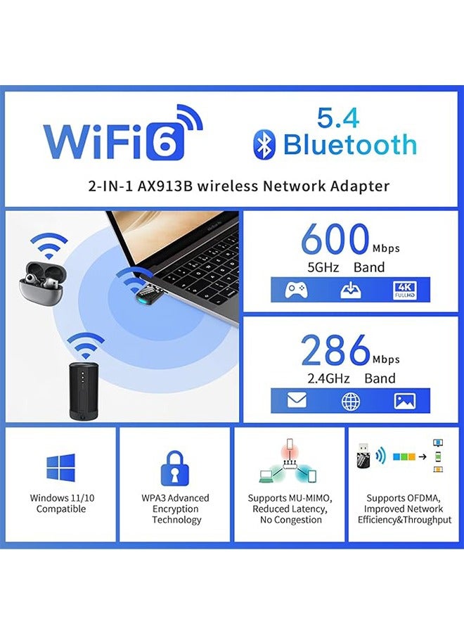 HAVEN USB WiFi Bluetooth Adapter,2-in-1 USB AX900Mbps WiFi 6 Bluetooth Adapter for PC, Latest Bluetooth 5.4 Wi-Fi 2.4G/5GHz Dual Band Wireless Network Dongle for Windows 11 10 Laptop Desktop, Plug n Play w/Built-in Driver - Image 5