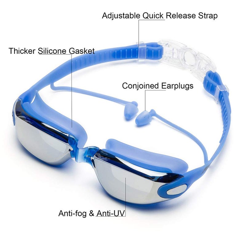 Aokelily مجموعة نظارات السباحة والقبعة Aokelily 4 في 1، عدسات حماية UV 400 شفافة مضادة للضباب، نظارات سباحة مقاومة للماء بدون تسرب مع مشبك أنف + سدادات أذن للبالغين والرجال والنساء والأطفال (أزرق) - Image 3