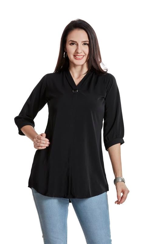 nioni Women's Solid Tunic With Fashionable V-Fold Neck | Micro Pleated Rayon Kurti | Lycra Material | 3/4Th Sleeve Short Regular Fit Kurta For Woman & Girl (Black, XXL) - Image 1