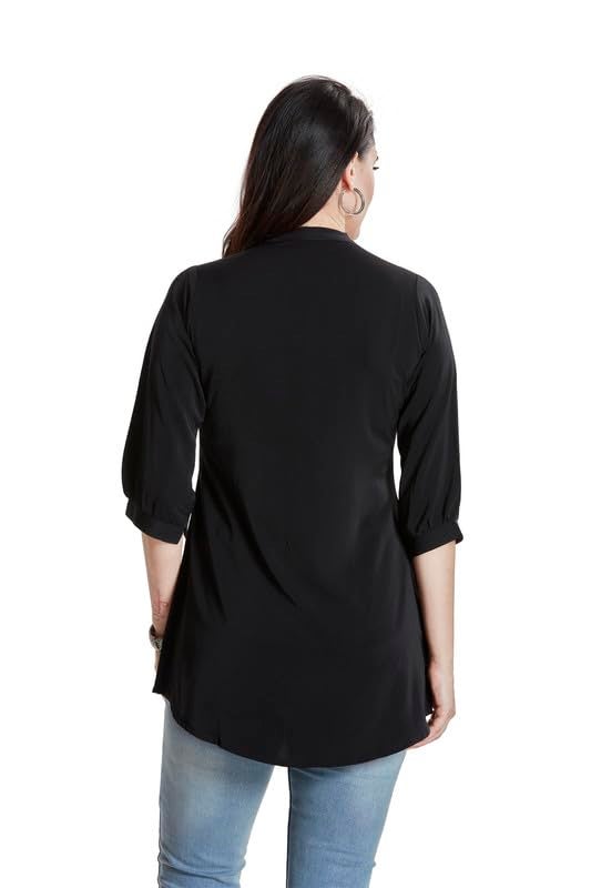 nioni Women's Solid Tunic With Fashionable V-Fold Neck | Micro Pleated Rayon Kurti | Lycra Material | 3/4Th Sleeve Short Regular Fit Kurta For Woman & Girl (Black, XXL) - Image 2