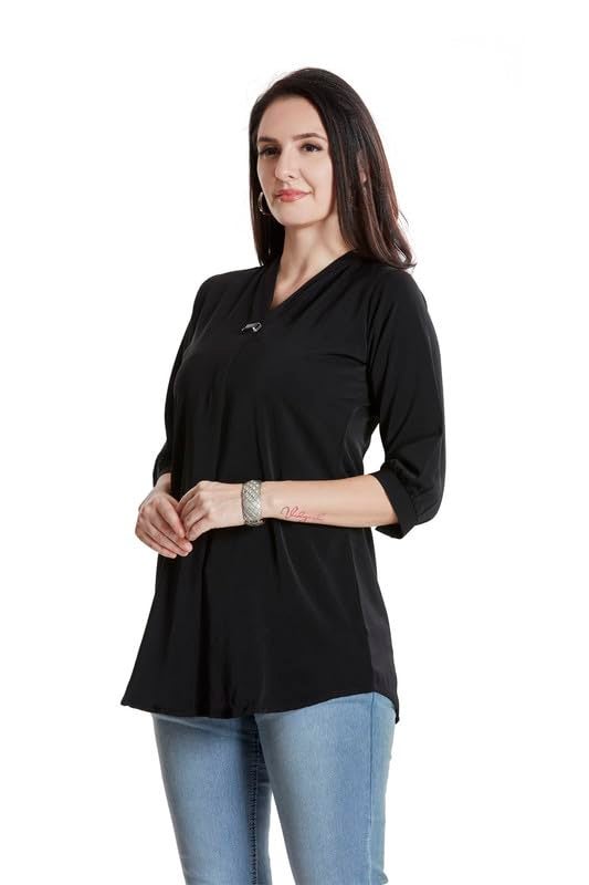 nioni Women's Solid Tunic With Fashionable V-Fold Neck | Micro Pleated Rayon Kurti | Lycra Material | 3/4Th Sleeve Short Regular Fit Kurta For Woman & Girl (Black, XXL) - Image 5