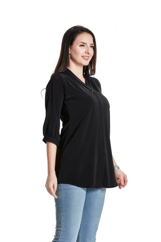 nioni Women's Solid Tunic With Fashionable V-Fold Neck | Micro Pleated Rayon Kurti | Lycra Material | 3/4Th Sleeve Short Regular Fit Kurta For Woman & Girl (Black, XXL) - Image 4