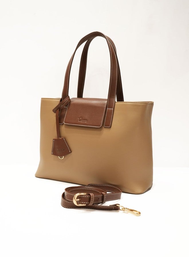 VARA Nue Tote Bag Two-Tone Tote Bag | Beige and Brown Detachable Shoulder Strap Bag - Image 3