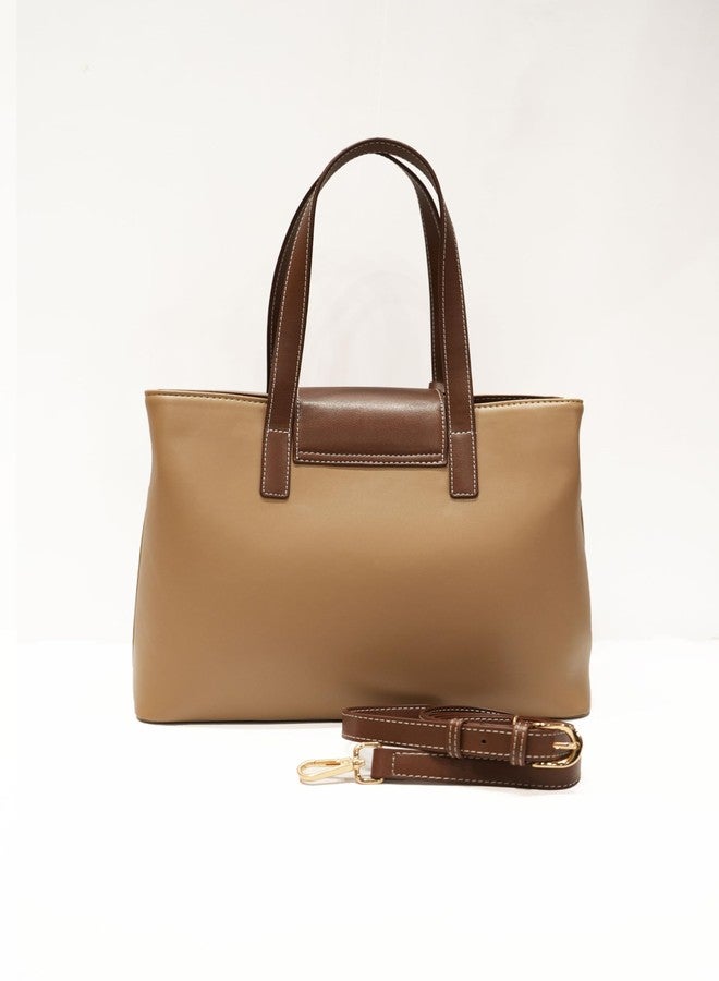 VARA Nue Tote Bag Two-Tone Tote Bag | Beige and Brown Detachable Shoulder Strap Bag - Image 4