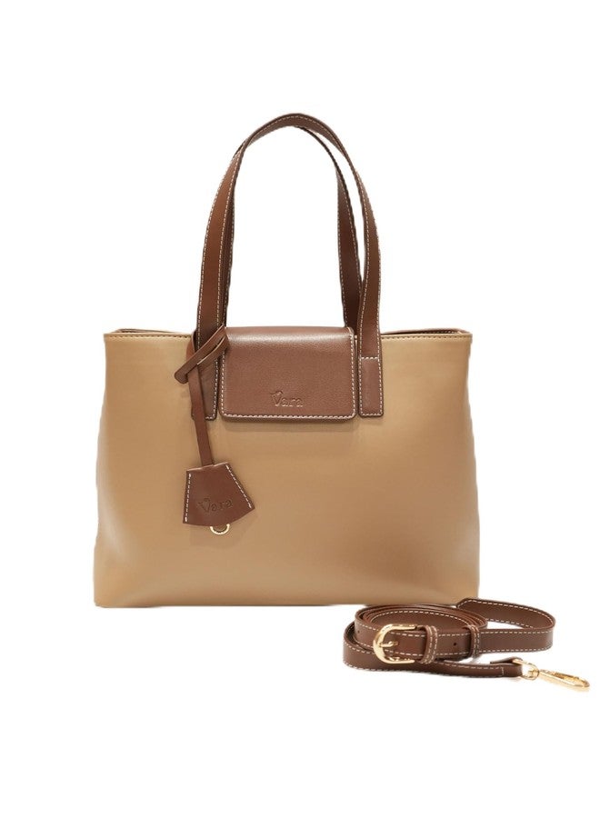 VARA Nue Tote Bag Two-Tone Tote Bag | Beige and Brown Detachable Shoulder Strap Bag - Image 2