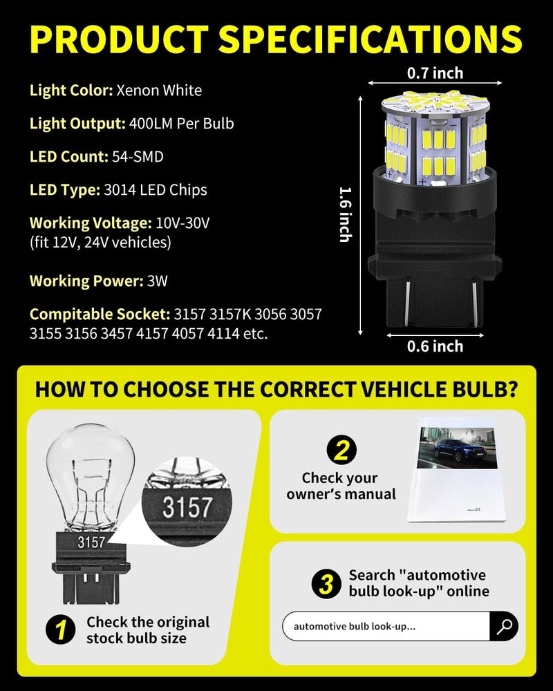 AUXLIGHT 3157 LED Bulbs 54-SMD 300% Super Bright 3056 3156 3057 3457 4057 4157 LED Light Replacement for Car Truck Backup Reverse Brake Tail Turn Signal Lights, Xenon White(Pack of 6) - Image 2